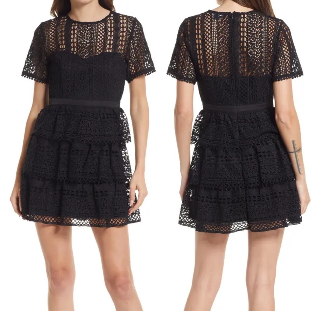 Lulu’s Wishlist Crochet Lace Mini Dress In Black